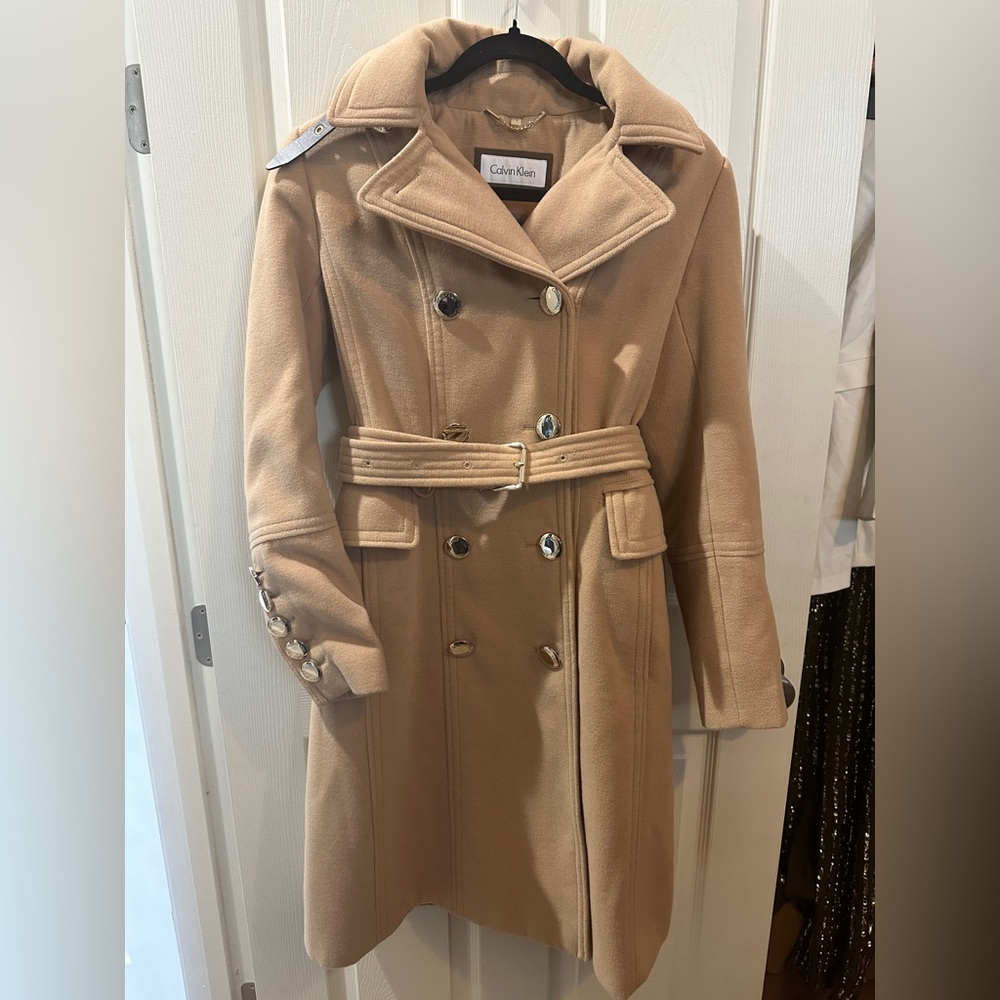 Calvin Klein Double Breasted military Camel Color Peacoat Trench Coat Size 2